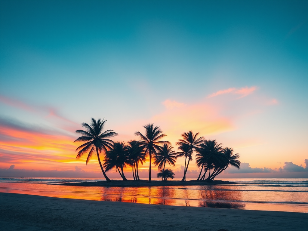 Generate a high-resolution image of a vibrant sunset over a tranquil beach with palm trees, using a DSLR camera with a 50mm lens, f/1.8 aperture, ISO 100, and a shutter speed of 1/200s, shot from a low angle to capture the reflection on the water and a wide view for an expansive sky.