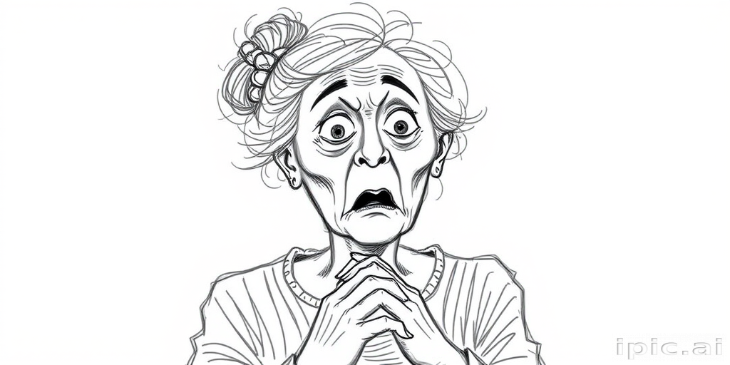 scribbly unfinished sketch, old lady with messy gray hair in a loose bun, surprised expression, mouth open, hands clasped together in front of her chest. Her eyes are wide, eyebrows are furrowed. vibe of shock or surprise.