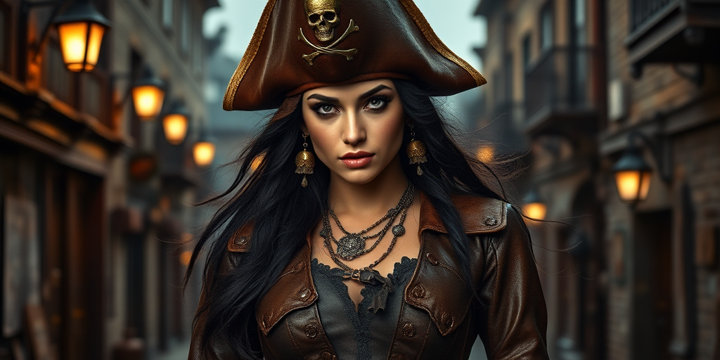 Create a portrait of a fierce female pirate. She wears a leather tricorn hat adorned with a skull and crossbones emblem, and her long, dark hair flows around her face. Her outfit consists of a richly detailed leather jacket, a corset, and multiple layers of belts and accessories, giving her a formidable and stylish appearance. She stands confidently in a dimly lit, historic port town, with a backdrop of weathered buildings and cobblestone streets, capturing the adventurous spirit of a pirate.