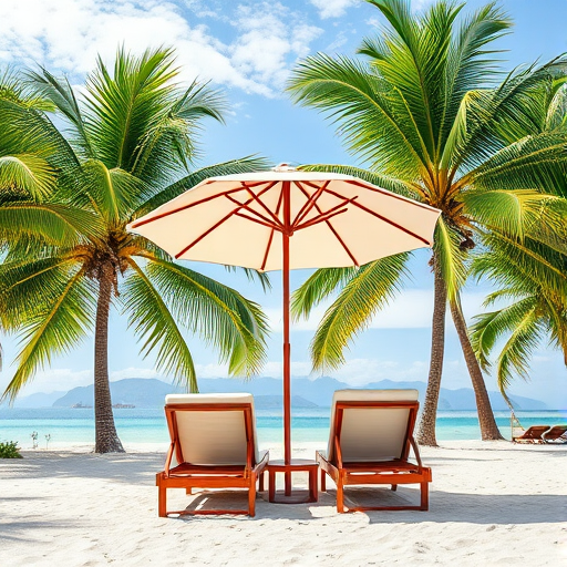tropical beach scene with two lounge chairs under a red and white umbrella, surrounded by lush green palm trees, 50mm lens, aperture f/4, ISO 100, natural light, DSLR camera, high resolution, vibrant colors