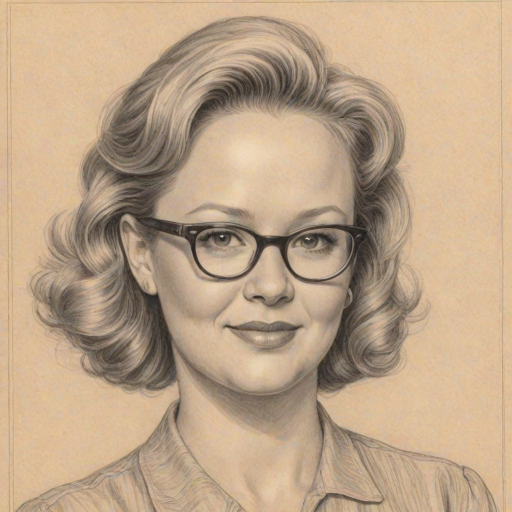 Pleasing Caroline Rhea, pencil sketch, portrait of Exquisite woman 1943s in glasses, hair style beatnik, outline, clear lines, fine lines, 8k
