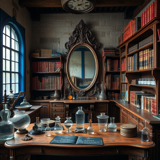 Interior of a vintage alchemist's workshop, featuring a large wooden desk, various glass containers, bookshelves filled with ancient tomes, a large ornate mirror, and a blue window, shot with a DSLR camera at f/2.8, ISO 100, shutter speed 1/60 sec, using a wide-angle lens for a detailed, immersive perspective.