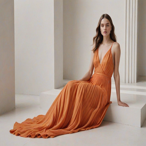 a model wearing a flowing orange pleated gown sitting gracefully in a minimalistic white architectural setting with soft natural lighting