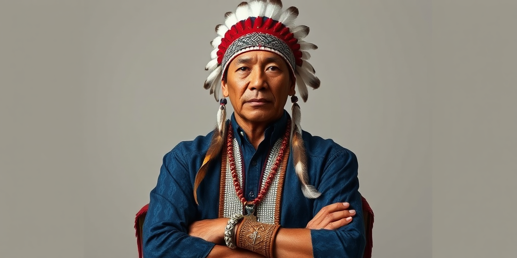 Create a dignified portrait of a Native American man dressed in traditional attire. He wears a beautifully crafted headdress adorned with white feathers and red beads, along with a beaded headband featuring intricate patterns. His clothing includes a deep blue, patterned shirt and a traditional chest piece with detailed beadwork. His arms are crossed, displaying leather armbands decorated with feathers. The background is simple and neutral, emphasizing his proud and stoic expression. The overall image captures the rich cultural heritage and strength of his persona.