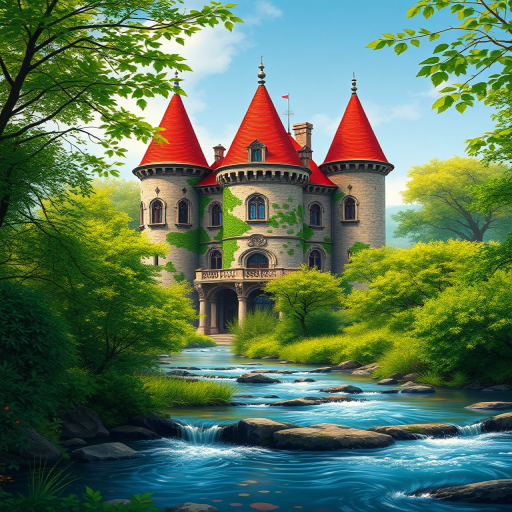 Create a highly detailed digital illustration of a castle with red conical roofs, surrounded by vibrant green foliage and a flowing stream in front, using a DSLR camera with a 50mm lens, f/1.8, ISO 100, and a shallow depth of field for enhanced focus on the castle, in a vibrant color palette and realistic shading.