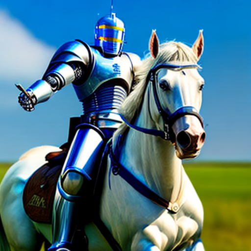 A robot  knight riding a white horse and holding a sword and medieval shielld