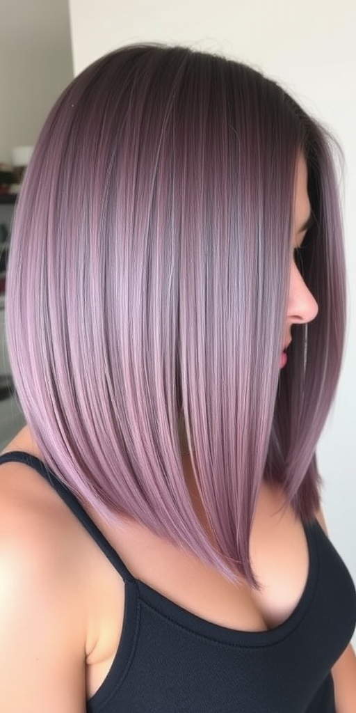 Dusty mauve hair styled in a sleek lob (long bob) dubbed "Velvet Dusk," falls just above the shoulders with a subtle A-line shape, featuring a glass-like shine and perfectly blunt ends for a chic and sophisticated look