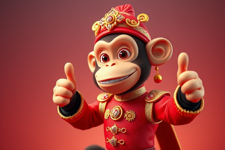Create a highly detailed 3D rendering of a cartoon monkey character in a vibrant red elaborate costume with gold accents, thumbs up gesture, set against a softly blurred gradient background, using a DSLR camera with a 50mm lens, f/1.8 aperture, ISO 100, and 1/200 sec shutter speed for optimal clarity and depth of field.