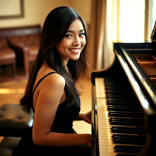 A young woman with long, dark hair smiles at the viewer as she sits at a grand piano, her right hand poised over the keys. The scene is lit by warm, natural light, highlighting the elegant simplicity of the woman's black dress. The perspective is from the side, emphasizing the contrast between the woman's delicate form and the grand scale of the piano. The ivory keys and dark wood of the piano create a striking visual contrast, further emphasized by the rich black of her dress.