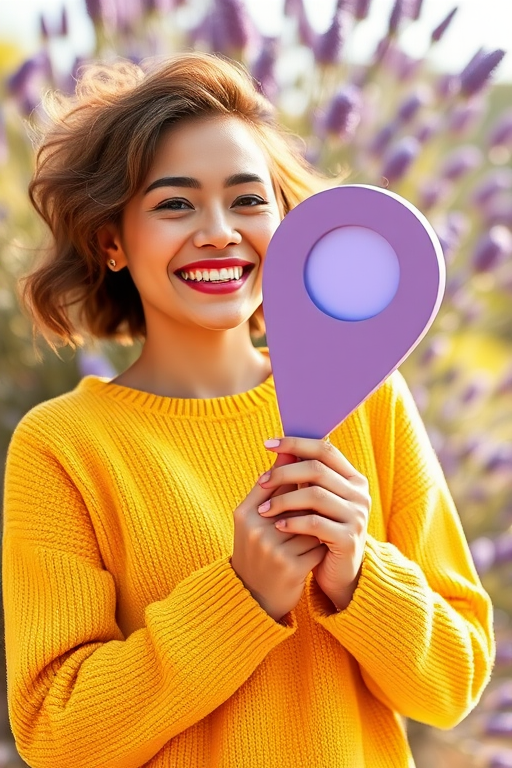 create a vector illustration of a cheerful person in a yellow sweater holding a large lavender location pin, with a dynamic background, using a soft focus effect, captured with a Canon EOS R camera, 50mm lens, f/1.8 aperture, ISO 200, in bright natural lighting.
