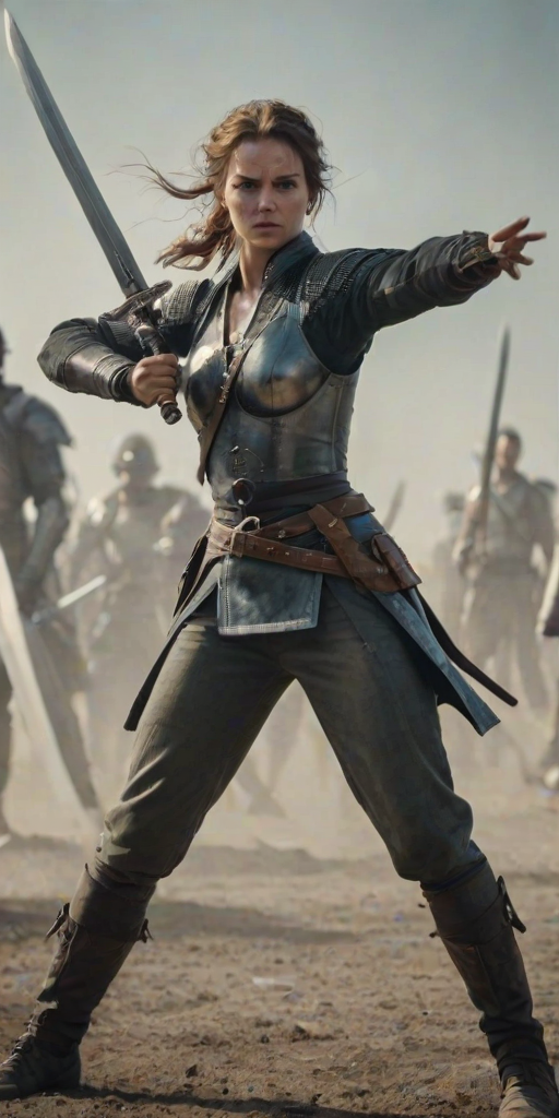 portrait of a Woman, she is in a combat stance holding two swords in each hand, she is in the middle of a battlefield
