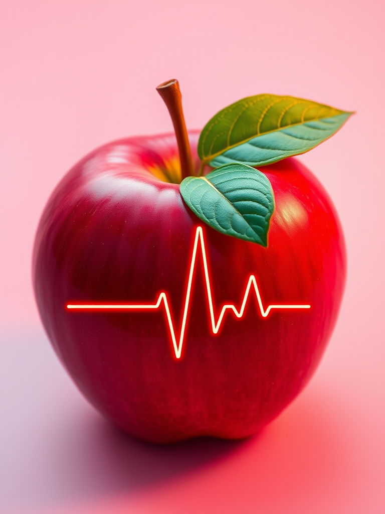 create a vibrant flat design image of a red apple with a green leaf and a heartbeat line running through it, shot with a Canon EOS R5, 50mm lens, f/2.8 aperture, and a high saturation color style