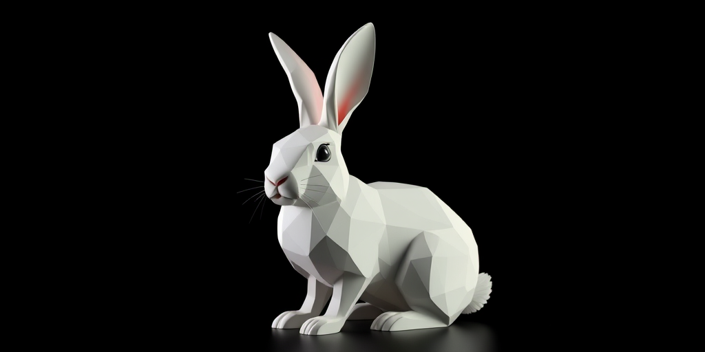 Create a low-poly 3D model of a rabbit against a black background, using a 50mm lens, f/2.8 aperture, ISO 100, with dramatic side lighting, a slight left angle view, and a Canon EOS R camera for enhanced clarity and depth.