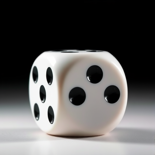 Generate a realistic image of a white die with six black dots on each side, using a DSLR camera with a 50mm lens, aperture f/1.8, ISO 100, at a 45-degree angle, softbox lighting for balanced illumination.