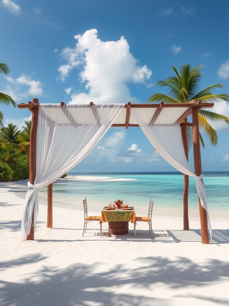Create a picturesque tropical beach scene featuring a serene, white sandy shore. In the foreground, there's a rustic wooden canopy with white drapes gently flowing in the breeze. Underneath the canopy, a table is set with tropical decor, evoking a sense of relaxation and leisure. The beach extends into a calm, shallow water area with reflections of the sky and surroundings. Palm trees and lush greenery line the edge of the beach, providing a natural, tropical backdrop. The sky is clear with a few scattered clouds, and the overall atmosphere is tranquil and inviting, perfect for a peaceful retreat.