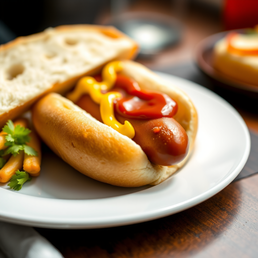 A close-up shot of a hot dog in a bun with mustard and ketchup on a white plate, taken with a Canon EOS R5, 35mm lens, f/2.8 aperture, 1/100s shutter speed, ISO 100, soft natural lighting, and a shallow depth of field.