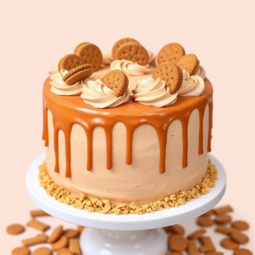 Create an image of a round cake with a smooth beige frosting topped with swirls of light brown buttercream and decorated with biscuit cookies arranged on top. The cake has a glossy caramel drizzle cascading down the sides and is surrounded by a base of crushed cookies. It is displayed on a white cake stand against a plain background.