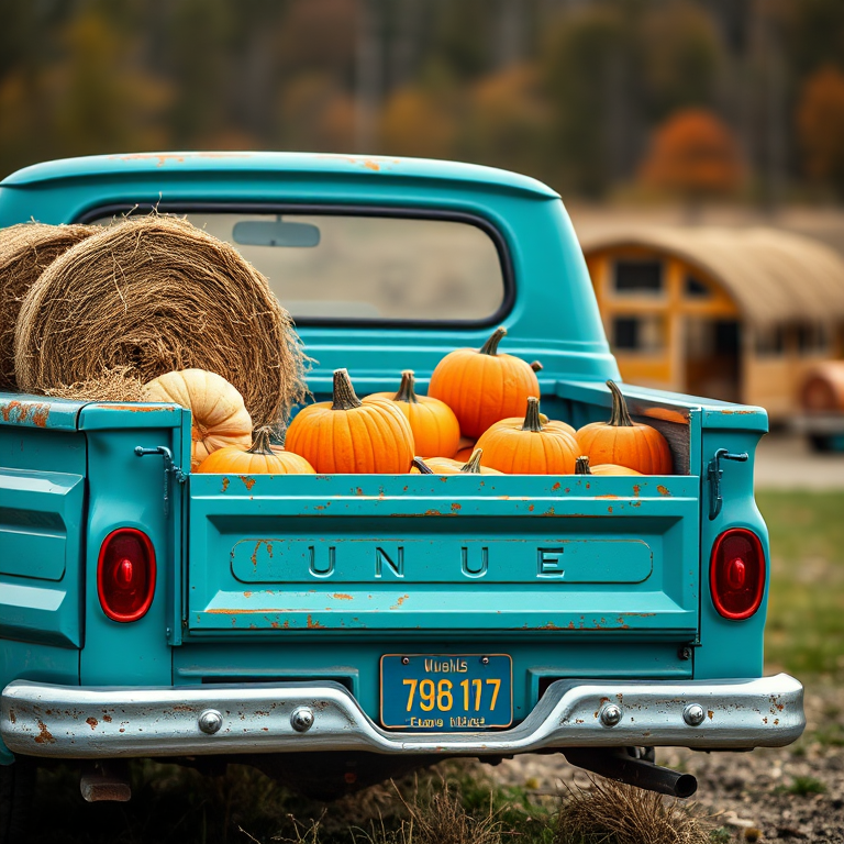 Generate an image of a vintage teal pickup truck filled with pumpkins and hay bales in the back, captured from a side view with a shallow depth of field, using a DSLR camera at f/2.8, ISO 100, and a focal length of 50mm for enhanced image quality.