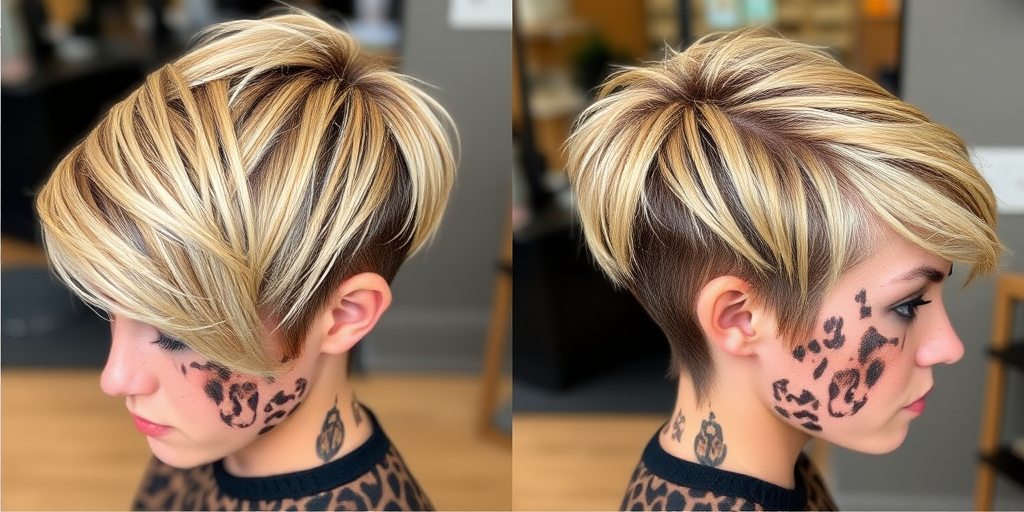 Fierce leopard print pixie cut called "Wild Instinct" showcases a daring combination of golden blonde base with strategic placement of dark brown and black spots
