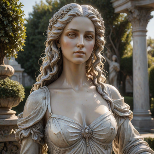 beautiful renaissance princess marble statue decorated with silver ornaments, standing in the sun (marble garden: 1.2), surrounded by topiaries, intricate curly hair, flawless marble skin, (weathered marble texture:1.35), detailed eyes, masterpiece, best quality, intricate details, high detail RAW color photo, very detailed, glorious lighting, cinematic lighting, contrast, bright light, gigapixel, 8k resolution, film, octane rendering, unreal, high definition, 8k uhd, professional lighting, photon mapping, radiosity, physically based rendering, award-winning photography, backlight, Photorealistic, Light particle tracing, vivid color, Obvious layers,Photography Award