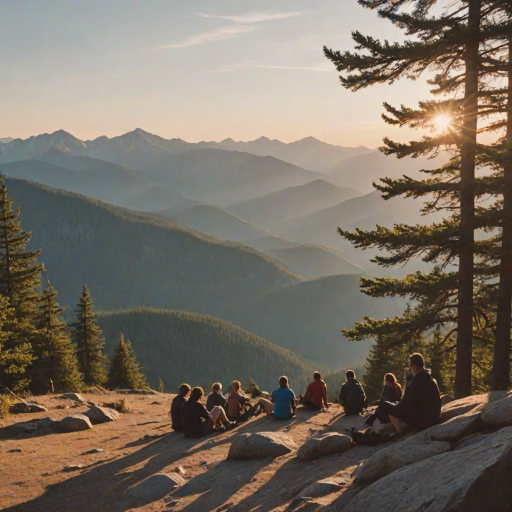 Blurry, candid photo of a group of hikers resting at a mountain overlook, distant peaks stretching into the horizon, soft light from the setting sun casting long shadows, and the sound of wind rustling through the trees.