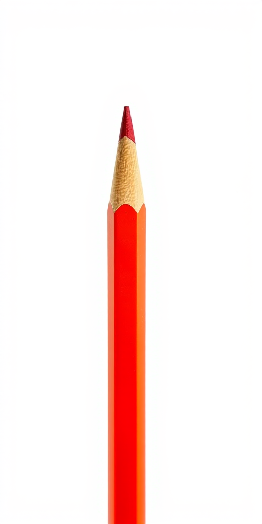 Capture a high-resolution image of a colored pencil with a vibrant orange and red gradient on a clean white background, using a Canon EOS R5 camera with a 50mm f/1.8 lens, aperture set to f/2.8, ISO 200, and a slightly low-angle view to emphasize its length and color.