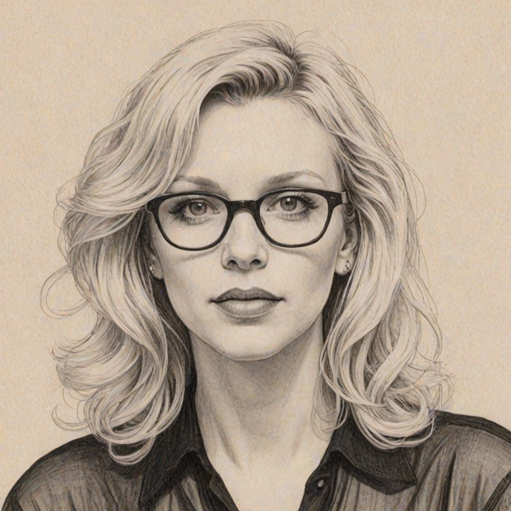 Wonderful Courtney Love, pencil sketch, portrait of Elegant woman 1956s in glasses, hair style beatnik, outline, clear lines, fine lines, 8k