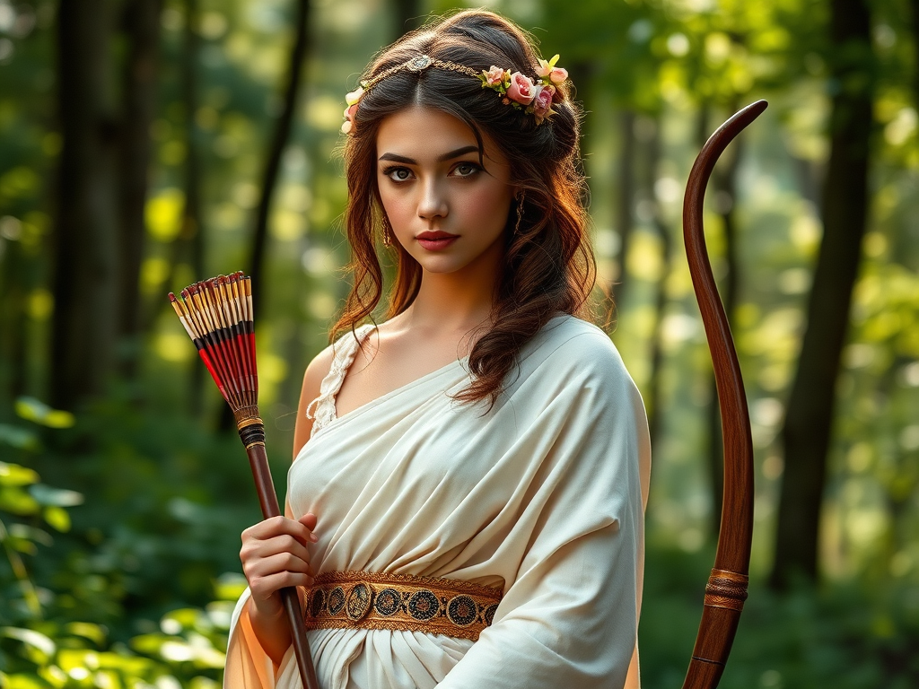 Create a portrait of a goddess-like Aymara girl figure in a tranquil, forested environment. She has an elegant appearance with long, wavy hair styled in an updo and adorned with a delicate, floral headband. She wears a flowing, ancient Greek-inspired gown in a soft, pale color, featuring a one-shoulder design and draped fabric that accentuates her graceful form. The outfit includes a decorative belt with ornate gold detailing, and she holds a bow in her hand, with a quiver of arrows slung over her shoulder. The background depicts lush greenery, with sunlight filtering through the trees, casting a gentle, ethereal light on the scene. Her expression is calm and contemplative, embodying a sense of wisdom and serenity.