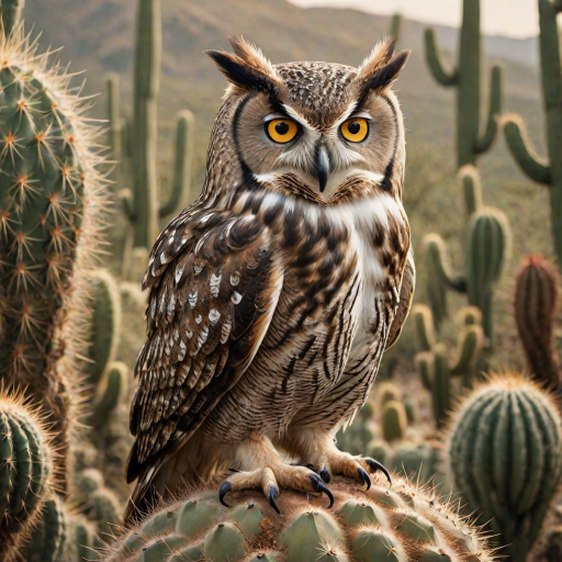 Generate an image of a majestic owl perched on a cactus. The owl should have striking yellow eyes and intricate feather patterns, showcasing a mix of browns and whites. The background should be softly blurred to emphasize the owl, capturing a bright and natural setting.