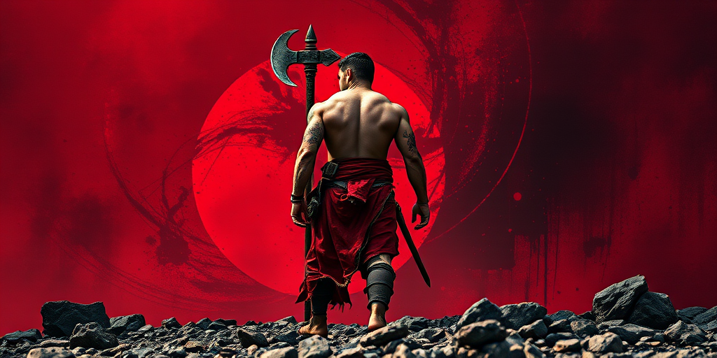 A muscular warrior with a battle axe standing on a rugged terrain, back turned, wearing tattered red garments, dramatic red and black artistic background, low angle view, shot with a DSLR camera at f/2.8, ISO 100, 50mm lens, cinematic lighting for high contrast and sharp detail.