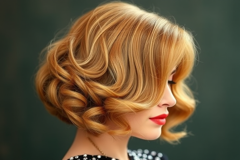 Vintage-inspired hair style showcasing finger waves in a rich honey blonde hue styled into a glamorous faux bob silhouette