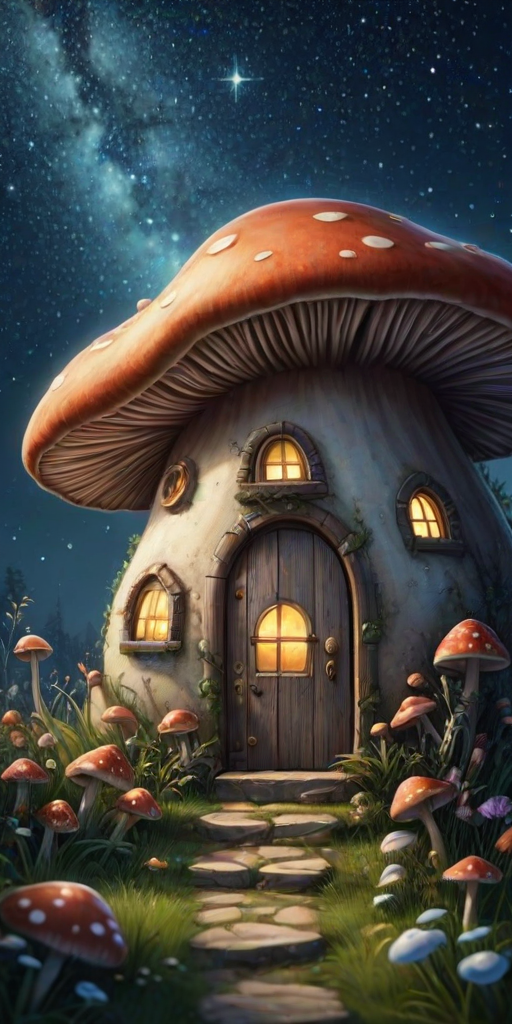 generate illustration of a mushroom house with a door and a window, a storybook , fantasy art, mushroom house, bg starry sky, sparkles