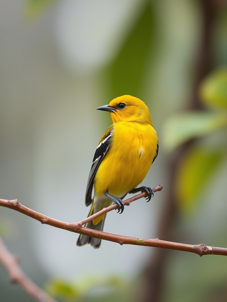 A vibrant yellow bird perched on a branch, captured with a DSLR camera at f/2.8 aperture, 1/250s shutter speed, ISO 200, in a shallow depth of field with a blurred background, side view composition for enhanced detail and clarity.