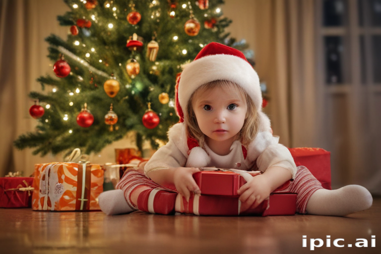 Adorable Child in Santa Hat Surrounded by Christmas Gifts and Tree