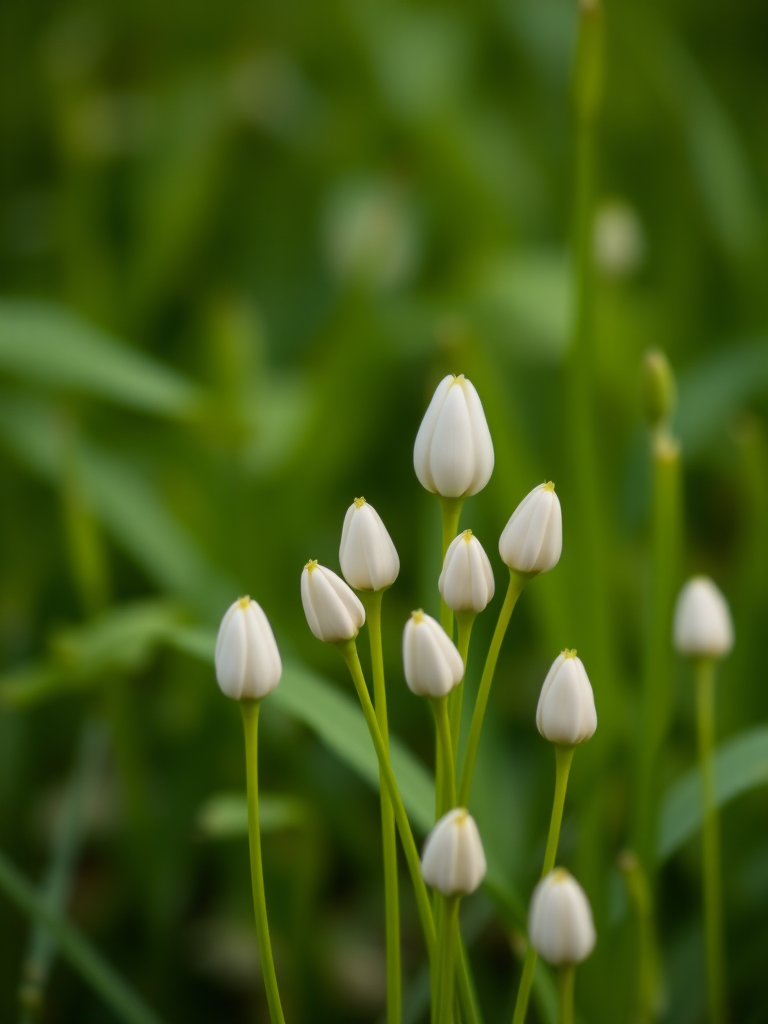 macro shot of white flower buds in a field with green grass background, shallow depth of field, f/2.8 aperture, ISO 200, 50mm lens, natural lighting, DSLR camera