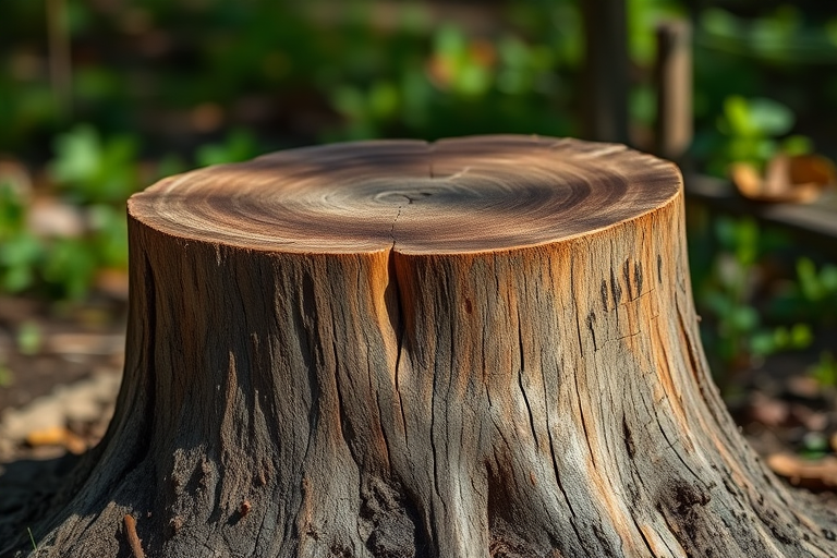 Create a high-resolution illustration of a tree stump, captured with a DSLR camera at f/8 aperture, ISO 100, 50mm lens, with a shallow depth of field, in a natural light setting, emphasizing texture and detail.