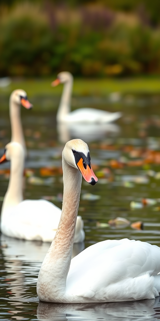 Capture a serene scene of swans in a tranquil wetland environment with a shallow depth of field, using a DSLR camera with a 50mm lens, f/2.8 aperture, ISO 200, and a shutter speed of 1/500s, to enhance clarity and focus on the swans while softly blurring the background.