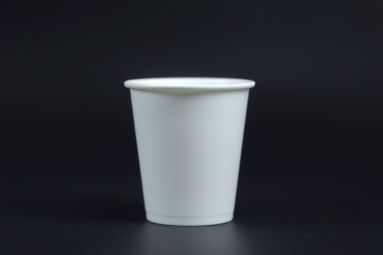 Create a high-resolution image of a plain white cup in a well-lit studio setting, using a Canon EOS 5D Mark IV, with an aperture of f/4, a shutter speed of 1/100s, ISO 200, centered composition, and a soft focus background.