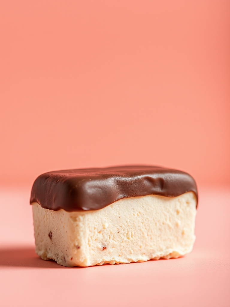 Create a high-resolution image of a chocolate-covered ice cream bar with a smooth creamy top, using a Canon EOS 5D Mark IV, 50mm lens, f/2.8 aperture, ISO 100, natural lighting, with a shallow depth of field to emphasize the ice cream texture against a solid color background.