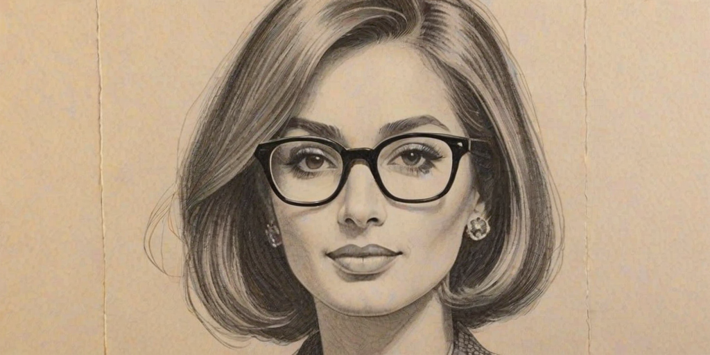 Charming Iman Vellani, pencil sketch, portrait of Fascinating woman 1966s in glasses, hair style beatnik, outline, clear lines, fine lines, 8k