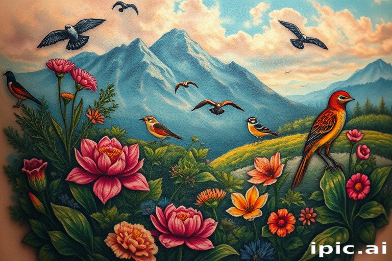 Realism color tattoo titled "Nature's Canvas" showcasing a hyper-realistic landscape scene with vibrant flora and fauna, utilizing advanced color theory and shading techniques for lifelike depth