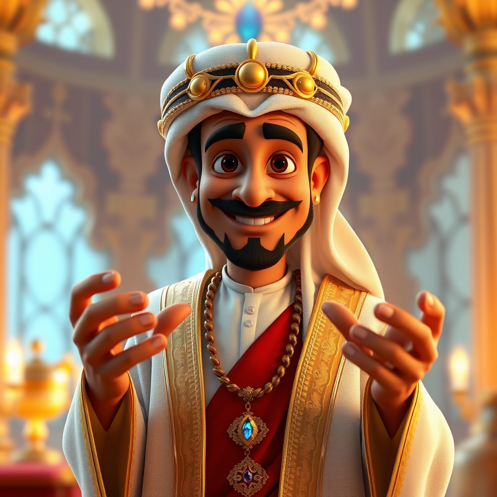 Create a 3D rendering of a wealthy Arab male sheikh from Dubai, inspired by the Disney animation style. The sheikh must have a smile and a playful but wise character. Place your character in an atmosphere of wealth and luxury. The image must be in high resolution format. Dynamic pose above the waist, gesturing with hands (Pixar Art style)++ highly detailed digital painting, art stations, concept art, soft focus, hard focus, illustrations. cinematic, visual effects, HDR, Unreal Engine 5, ray tracing, soft light, 8k, high detail, sparkling backlighting, luxury gem, game art, 3d, cartoon, colorful, magical, mysterious