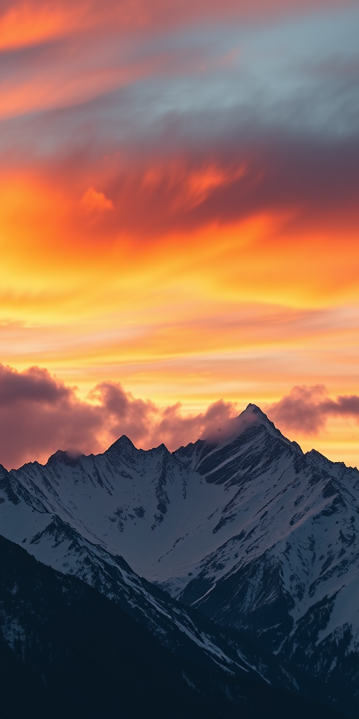 Capture a dramatic sunset over snow-capped mountains with vibrant orange and yellow hues in the sky, using a DSLR camera at f/8, ISO 100, 1/125 sec, shot from a low angle to emphasize the peaks and clouds.