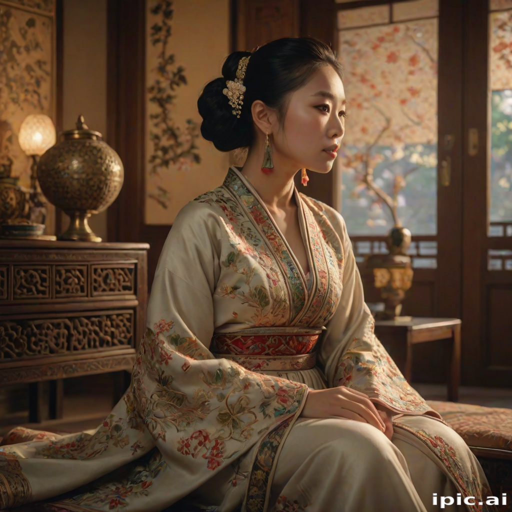 A beautiful woman in traditional East Asian attire, intricately detailed with embroidered patterns, sitting gracefully in a richly decorated room, soft ambient lighting, serene and elegant, ultra-realistic, 8K resolution