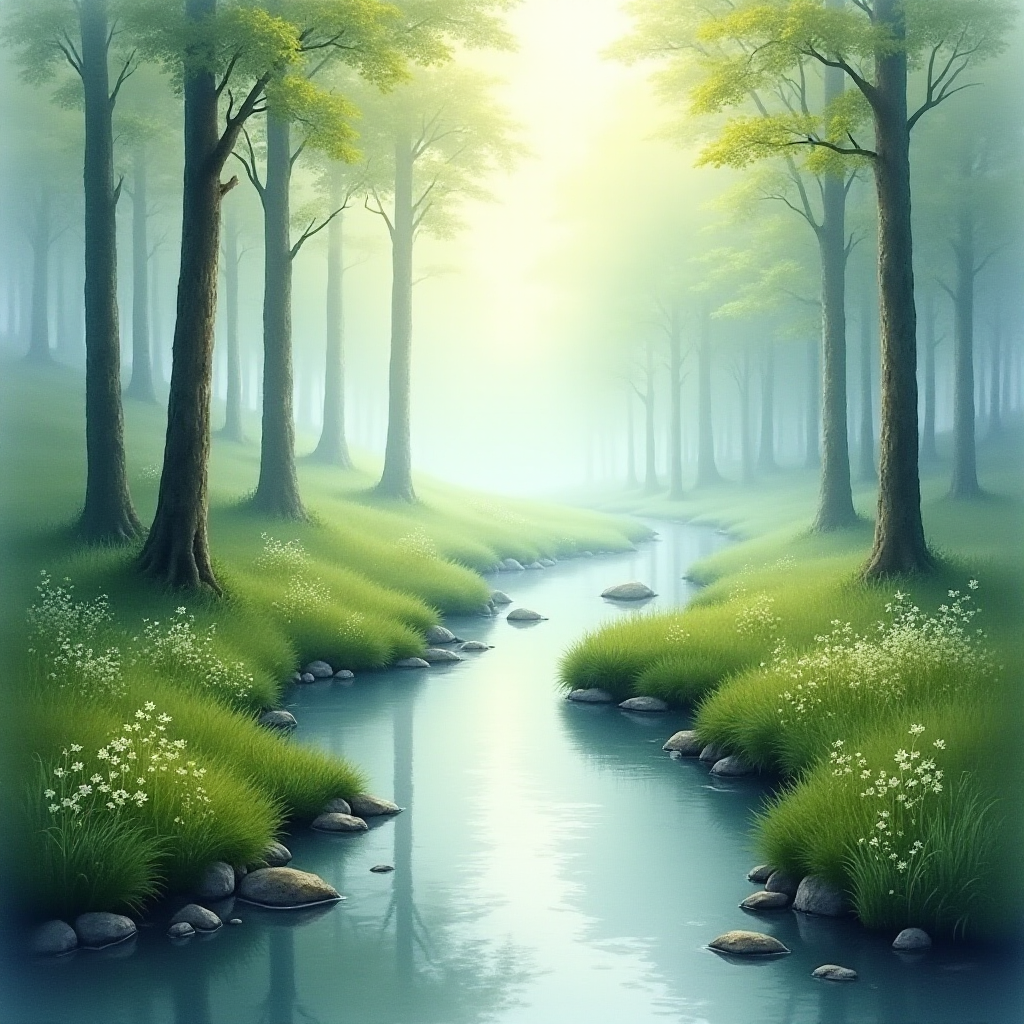 A peaceful, misty forest scene with a gently flowing stream at the center, reflecting the soft, cool light of the early morning. Lush green grass and wildflowers border the stream. Trees with thin trunks stand tall in the background, fading into a misty, hazy atmosphere, in a superfine watercolor style.