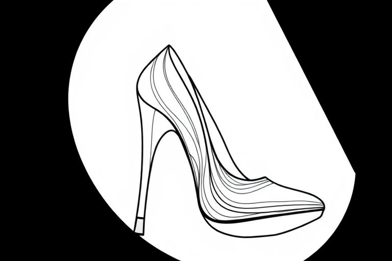 generate a sleek and artistic linear illustration of a high heel shoe with intricate details and flowing lines, using a DSLR camera with a 50mm lens, f-stop at 1.8, ISO 100, natural lighting, shot from a low angle for dramatic effect, in high contrast black and white style.