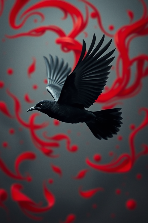 Create an abstract representation of a black bird in flight with swirling red patterns in the background, shot with a DSLR camera at f/2.8, ISO 100, 50mm lens, in a low-light setting to enhance the color contrast and texture.