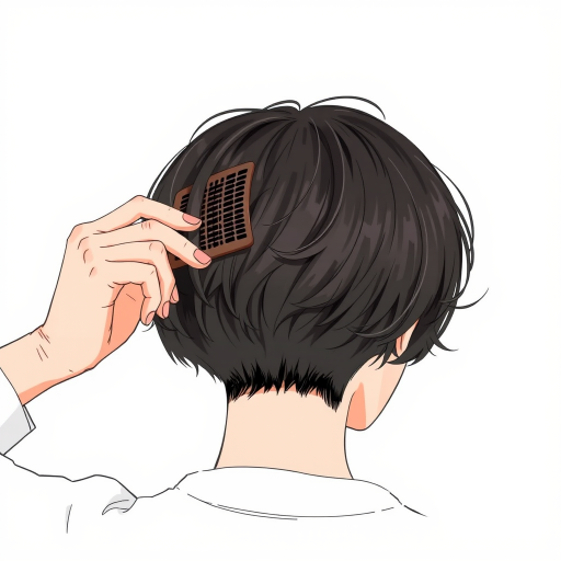 Create a detailed illustration of a person with short hair holding a comb behind their head, captured with a DSLR camera, aperture f/2.8, shutter speed 1/250s, ISO 100, taken from a slightly above angle to focus on the hair texture and comb.