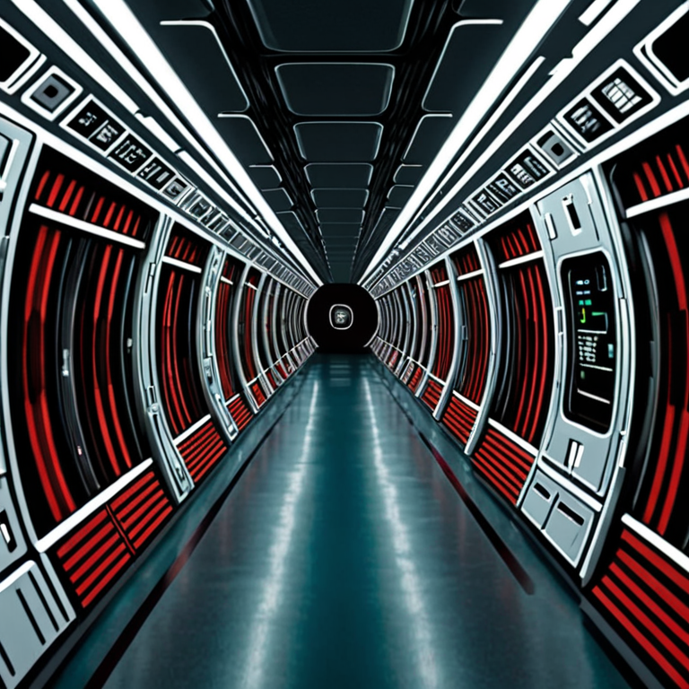 a long corridor on a spaceship with many exits