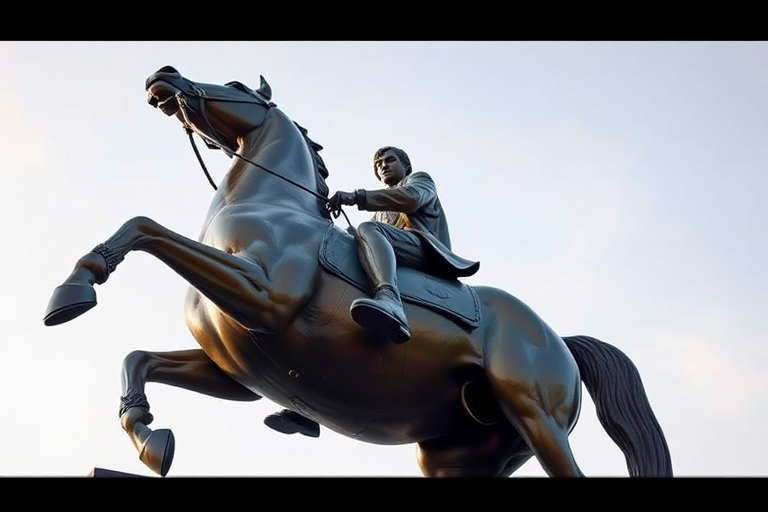 Create a high-resolution image of a bronze equestrian statue, capturing the intricate details of the rider and horse, using a DSLR camera with a 50mm lens, aperture set to f/2.8, ISO 100, and autofocus mode, shot from a low angle with a shallow depth of field against a clear sky backdrop.